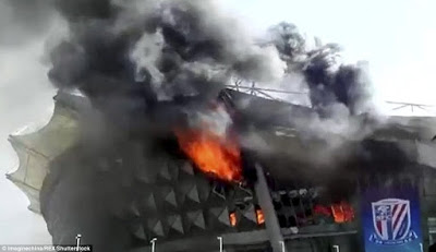 Obafemi Martins' Club, Shanghai Shenhua Stadium's Gutted By Huge Fire Outbreak [Photos]