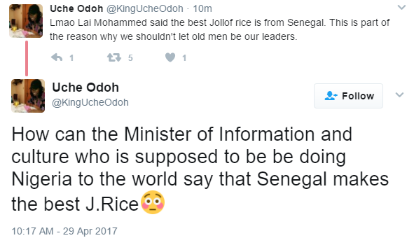 See How Angry Nigerians Slams Lai Mohammed On Twitter For Saying Senegal Makes The Best Jellof Rice [Photos]