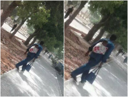   Man Spotted At Ahmadu Bello University, Zaria, Backing His Child [Photos]