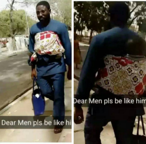   Man Spotted At Ahmadu Bello University, Zaria, Backing His Child [Photos]