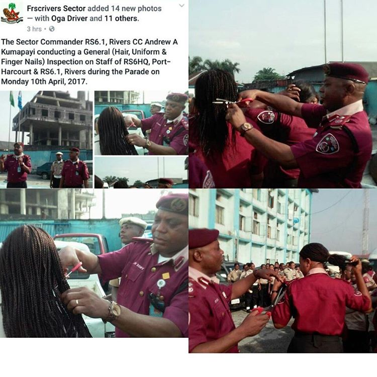 See the full details of how Rivers State's FRSC commander cuts hair of female staff with scissors [photos]