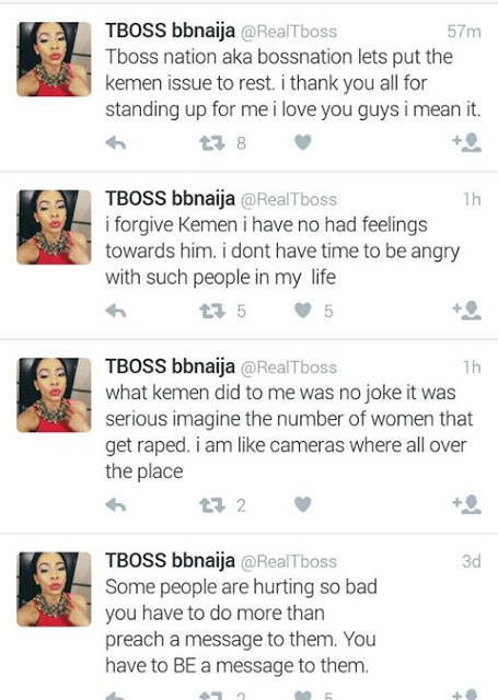 TBoss has taken to her twitter page to tell her fans to let the issue concerning Kemen to rest. Kemen was disqualified from the Big Brother Naija House after he was seen molesting Tboss.  The matter has been generating a lot of controversy, all of which Tboss is willing to see an end to as she publicly forgives Kemen.