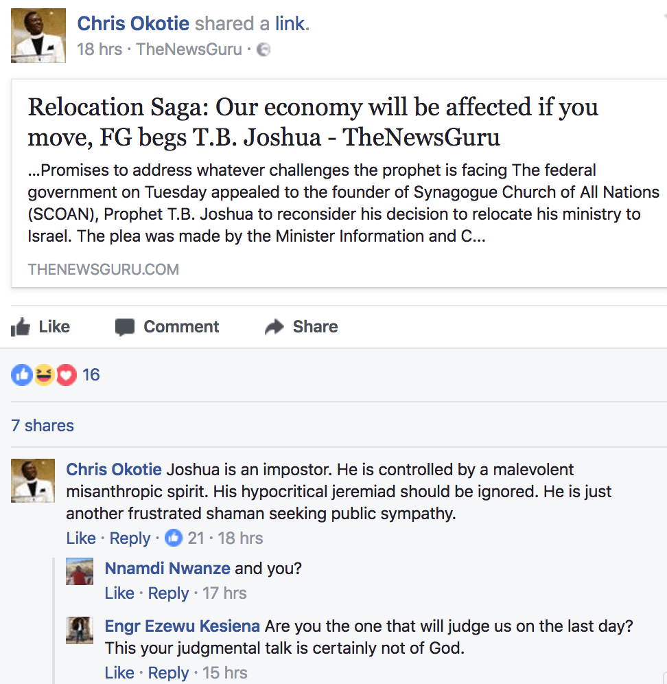 See What Happened Next After Chris Okotie Blasted TB Joshua Over Israel Relocation