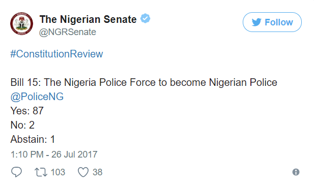 Nigeria Police Force Finally Baptized By Senate, Check Out Their New Baptismal Name