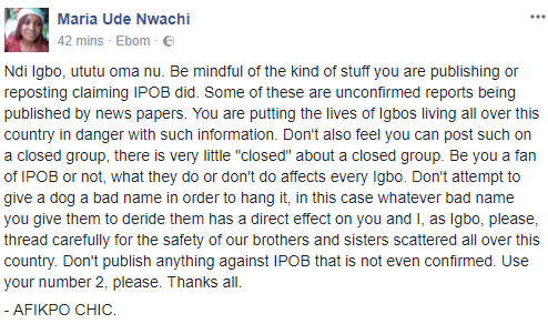 Igbos Should Support IPOB, Don’t Publish Anything Against IPOB That Is Not Confirmed- Afikpo Chic, Advises Igbos