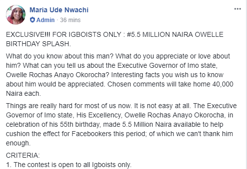Facebook users rejects Governor Okorocha's N5.5m largesse, calls it blood money