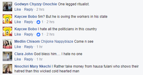 Facebook users rejects Governor Okorocha's N5.5m largesse, calls it blood money