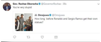 ‘You’re Very Stupid’ -Gov. Rochas Blasts Omojuwa For Asking When Ronaldo And Sergio Ramos Will Get Their Statues