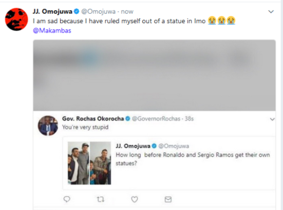 ‘You’re Very Stupid’ -Gov. Rochas Blasts Omojuwa For Asking When Ronaldo And Sergio Ramos Will Get Their Statues
