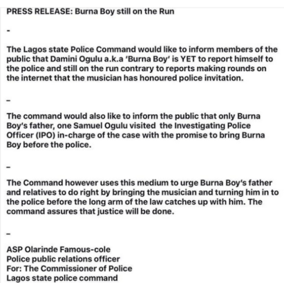 Police Releases Another Press Release, Insists That Burnaboy Is Still On The Run