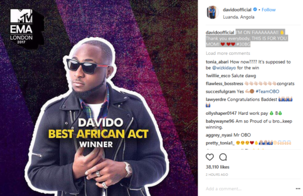 Balling!!!Davido Wins MTV EMA Best African Act 2017