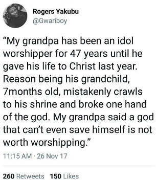 Nigerian Man Shares Shocking Reasons Why His Grandpa Who Has Worshiped Idol for The Past 47 Years Converted To Christianity