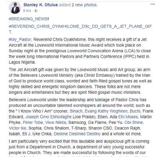 Pastor Chris Oyakhilome Reportedly Gifted A Private Jet By Members Of His Church