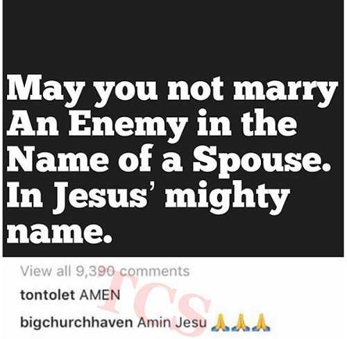 Tonto Dikeh and her ex-husband,Churchill's  comments were spotted under an Instagram post about not marrying an enemy in the name of a spouse..  They both commented with Amen.. See below    Lol..They are both funny.