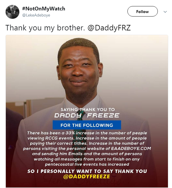 Pastor Adeboye’s Son Thanks Daddy Freeze For These Bizarre Reasons 