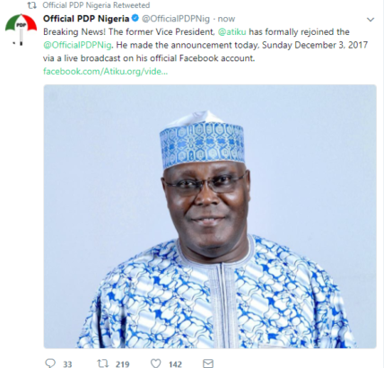 Atiku Abubakar officially announced his PDP return 