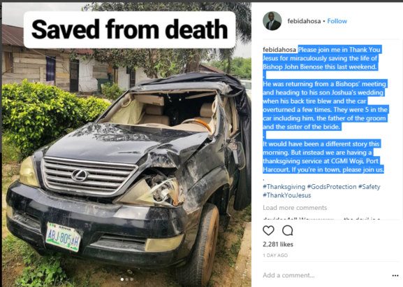 Bishop John Bienose Miraculously Survives Accident While On His Way To Son’s Wedding [Photos]