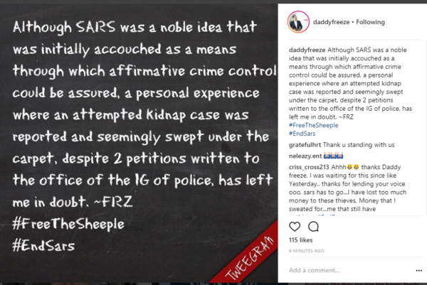 As Expected, Daddy Freeze Also Joins The #EndSARS Movement 
