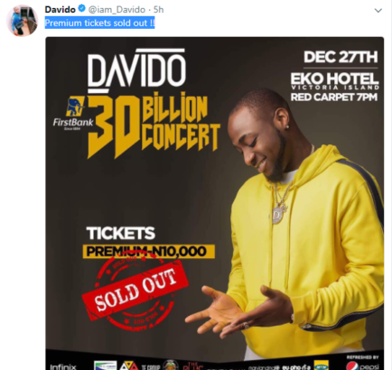 Davido just announced that the N1million silver tables at his ’30 Billion Concert’ has been sold out