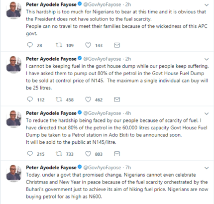 Fuel Scarcity Latest:  Ekiti Government House Fuel To Be Given Out By Gov. Fayose At N145 Per Litre [Details]