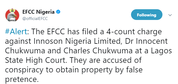 BREAKING: EFCC Files Fraud Charges Against Innoson Motors, Innocent Chukwuma
