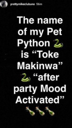 Lagos Socialite, Pretty Mike Bathes with His Python He Named Toke Makinwa