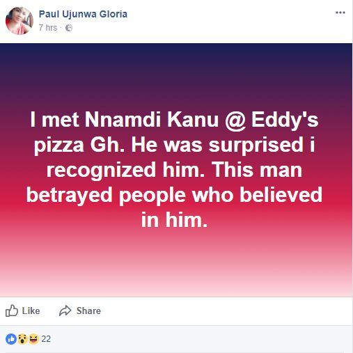 Nnamdi Kanu Reportedly Spotted In Ghana, Buying Pizza