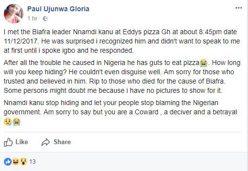Nnamdi Kanu Reportedly Spotted In Ghana, Buying Pizza