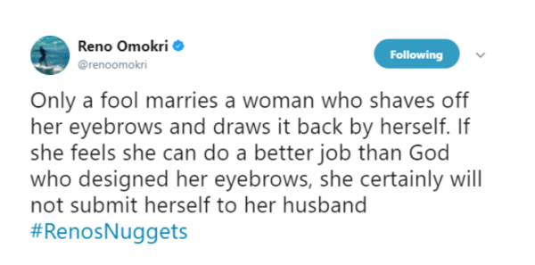 ‘Only A Fool Marries A Woman Who Shaves Off Her Eyebrows And Draws It Back By Herself’ – Reno Omokri On Slay Queens