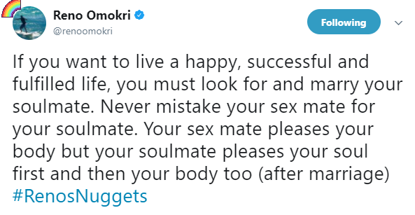 ‘Never Mistake Your Sex Mate For Your Soulmate’ Reno Omokri Advises Intending Couples