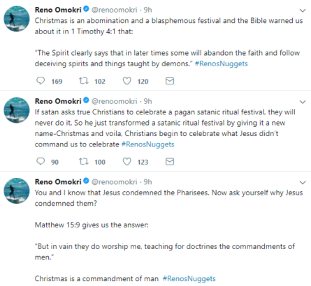“Christmas Is An Abomination And A Blasphemous Festival” – Reno Omokri Shocks The Entire Christians