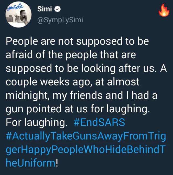 #EndSARS: “I and my friends had a gun pointed at us for laughing” – Simi shares her SARS story