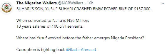 Buhari’s Son, Yusuf Buhari Crashed BMW Power Bike Cost ₦56 Million [Photos]