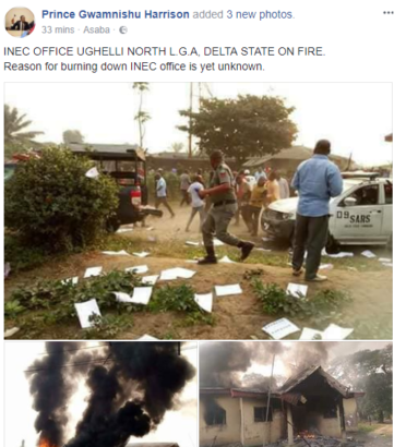 INEC Office In Delta State Set On Ablaze As Thugs Hijack Electoral Material 