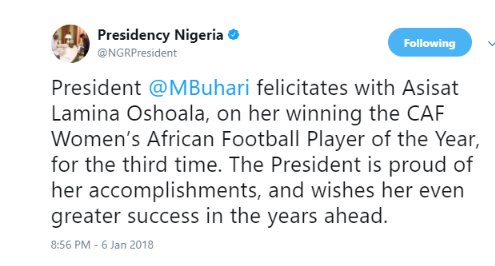 President Buhari Congratulates Asisat Oshola On Her CAF Woman Player of the Year Award