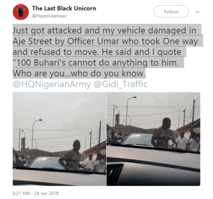 ‘100 Buharis’ Can’t Do Me Anything’- Soldier Brags After Damaging Car in Lagos