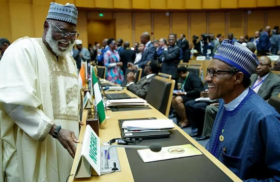 Happier Photos of President Buhari and Obasanjo Laughing at AU Summit