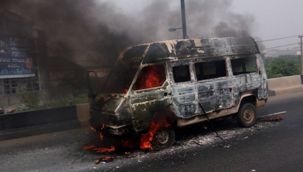 Photos: Public Bus Goes Up In Flames In Lagos