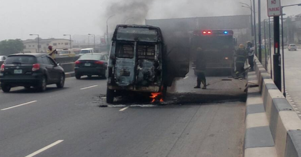 Photos: Public Bus Goes Up In Flames In Lagos
