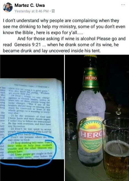To Justifies His Drinking Habit, Nigerian Facebook User Posts Bible Verse and A Chilled Bottle Of Beer