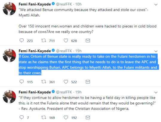 Femi Fani Kayode Tells Gov. Ortom Of Benue State What To Do To Stop More Killings In Benue
