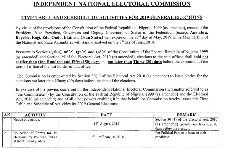 2019: INEC Releases 2019 General Elections Timetable Is Out, Presidential Election to Hold On Feb. 16th 2019