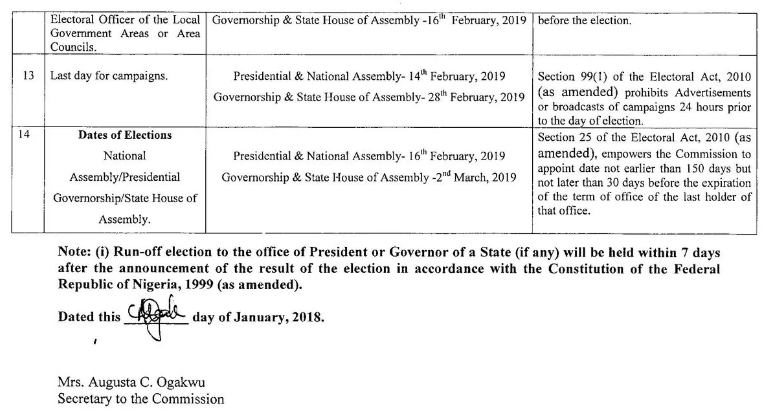 2019: INEC Releases 2019 General Elections Timetable Is Out, Presidential Election to Hold On Feb. 16th 2019