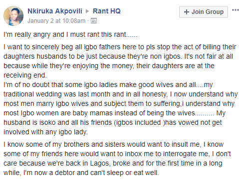My Husband Is In Serious Debts After Spending All His Money On Our Traditional Wedding-Angry Lady Calls Out Igbo Fathers