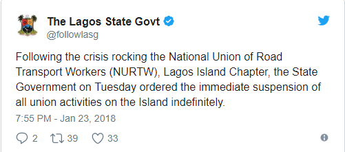 Lagos State Suspends NURTW Operations