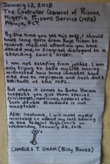 Serious Tension In Abuja As Alleged MEND Leader, Charles Okah Fakes Escape From Kuje Prison, Drops A Shocking Letter [Photos]