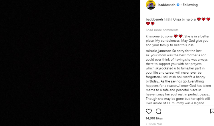 Popular rapper, Olamide Adedeji, popularly known as Baddosneh, lost his mother on Tuesday, which coincidentally is his son’s birthday.