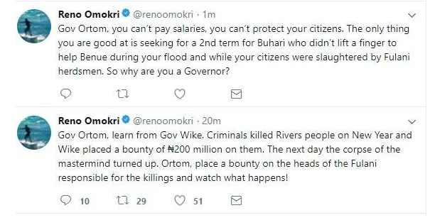 Pay Salaries You Can’t, Protect Your Citizens, You Can’t- Angry Reno Omokri Calls Out Governor Ortom of Benue State