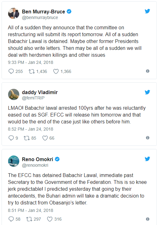 Moments ago, news got out that former SGF, Babachir Lawal has been finally arrested by the EFCC. Many believe the long awaited arrest is a direct result of the letter written to President Buhari by Olusegun Obasanjo yesterday.