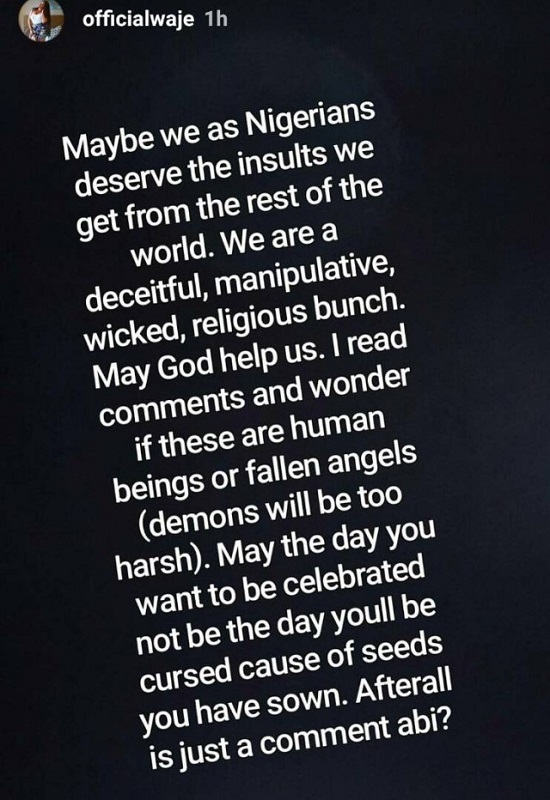 Nigerians Are A Wicked, Deceitful, Manipulative, Religious Bunch Of People — Singer Waje